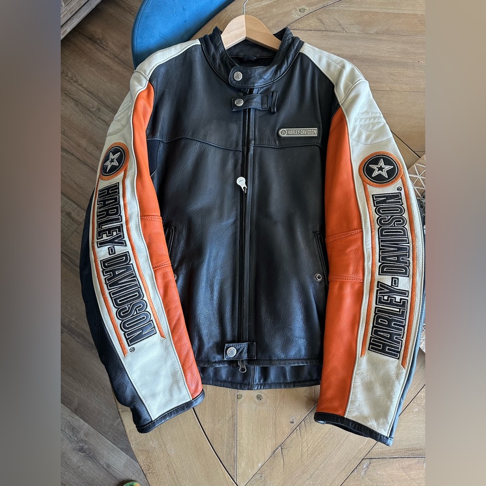 Immaculate Harley Davidson Leather Vintage Jacket Orange Black Embroidered Large